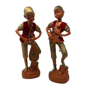 Vtg Tilso? Elf Figurines Set of 2 Musicians Velvet Vests Japan Mid Century Pixie